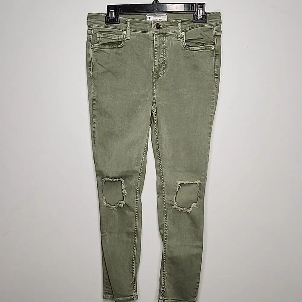 Free People Jeans Womens 29 Mid Rise Skinny Distressed w Pockets Green